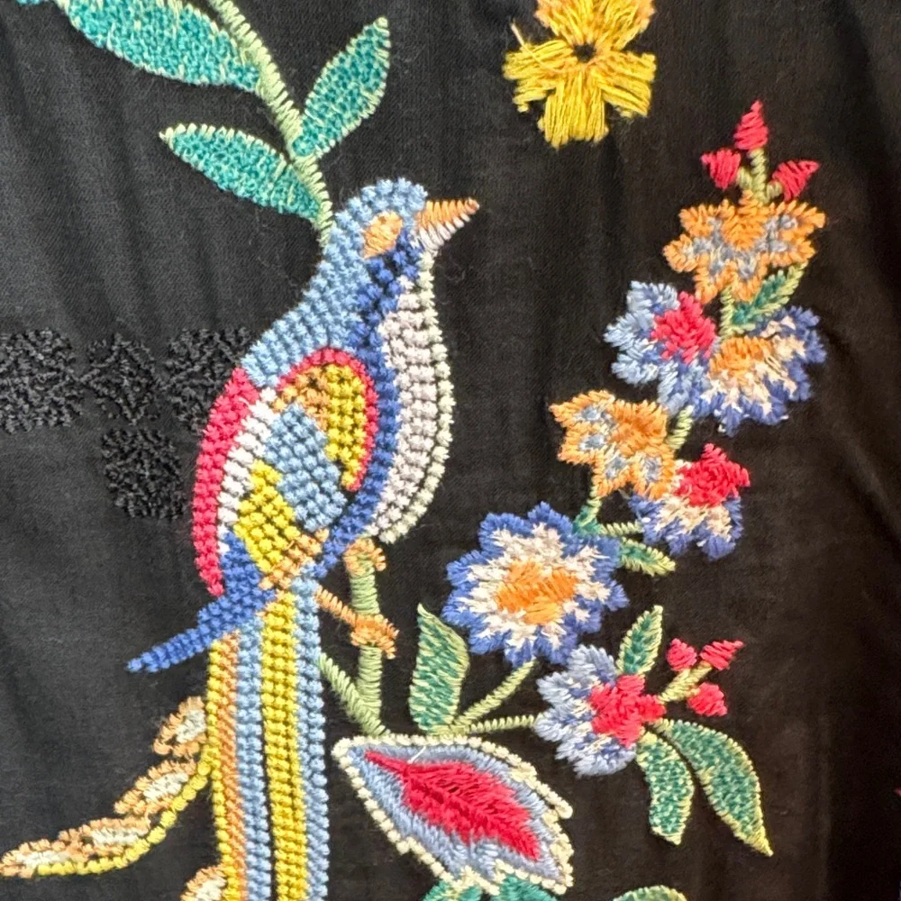 Johnny Was Tie Front Black Top with Colorful Embroidery and Beaded Tassles SZ - Picture 3 of 8